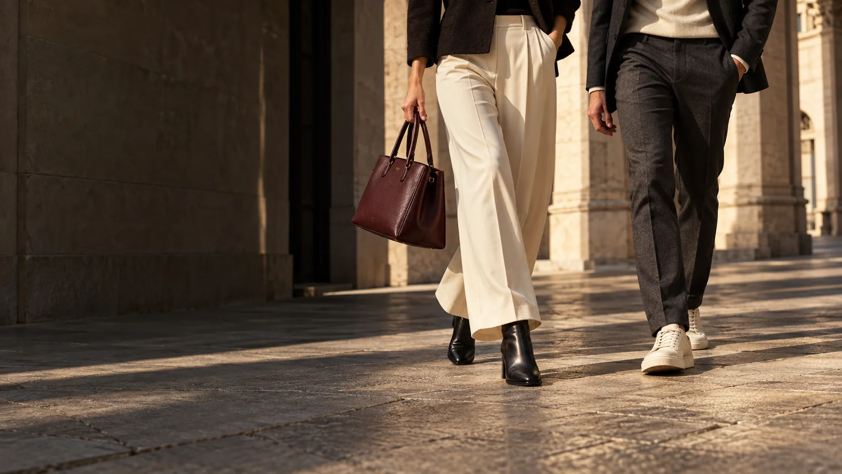 Stivaletti, sneaker e borsa in pelle indossati in città, sotto un porticato